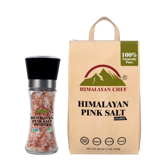 Himalayan Chef Pink Salt Adjustable Grinder & Refill Bag Set of 2 - 6.34 oz Glass Salt Grinder + 5 lb Coarse Himalayan Pink Salt Zip-Lock Bag, 100% Natural, Non-GMO, Kosher, Halal, Vegan