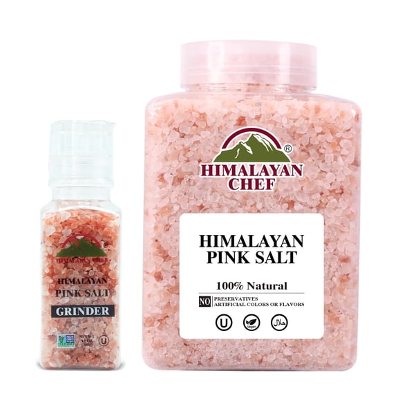 Himalayan Chef Pink Salt Grinder & Refill Coarse Himalayan Pink Salt Jar Set of 2 - 100% Natural, Non-GMO, Kosher, Halal, Vegan, No Preservatives