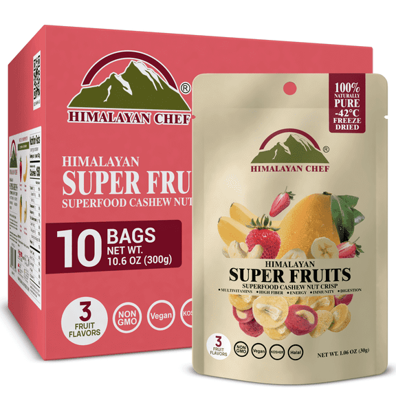 Himalayan Chef Super Reds Freeze-Dried Fruit Cashew Nut Crisps, 30g/each 10 Pack | 10+ Superfood Fruits | Healthy Snacks Packed with Multivitamins, High Fiber & Antioxidants for Energy Boost