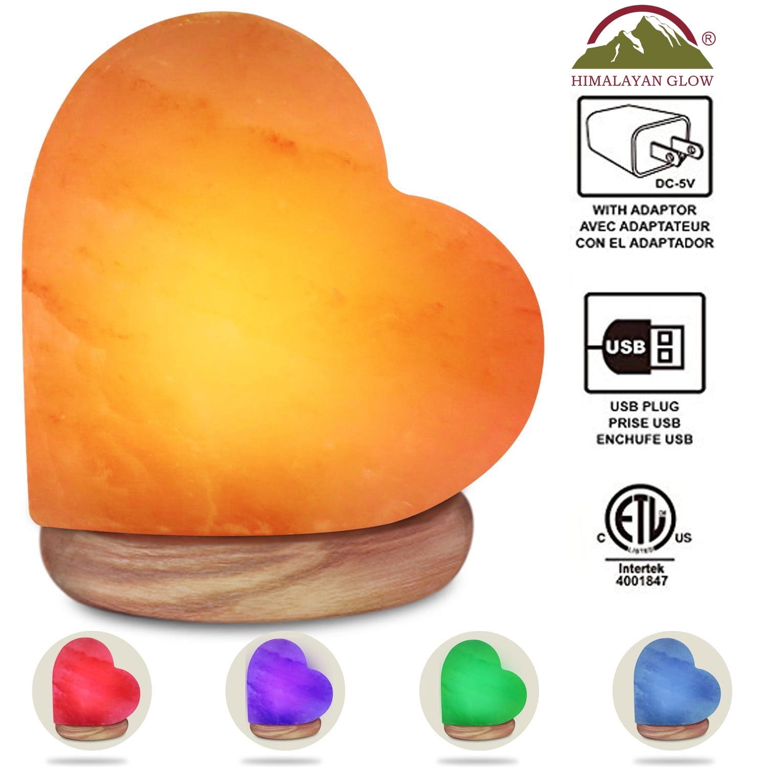 Himalayan Glow Heart Salt USB Lamp, Multicolor LED Night Light, 4-5 lbs