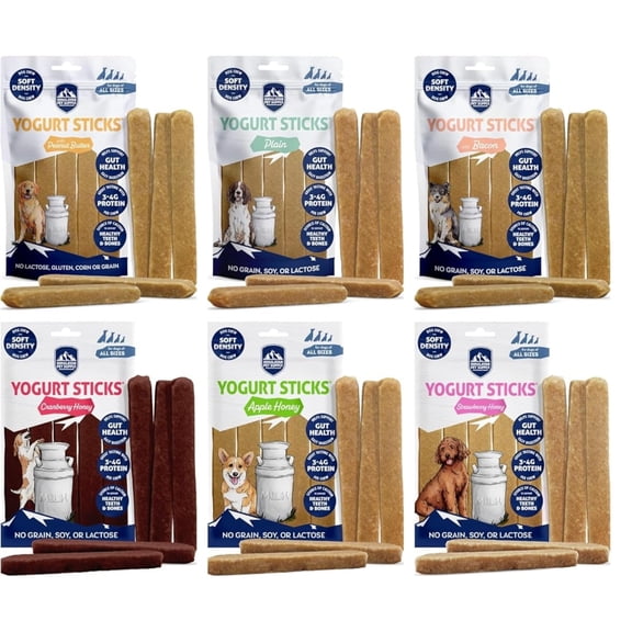 Himalayan Pet Supply Yogurt Sticks Dog Treats in 6 Flavors: 1 Strawberry, 1 Apple, 1 Cranberrry, 1 Plain, 1 Peanut Butter, & 1 Bacon (6 Bags Total, 5 Sticks/Bag, 4.8 Oz Bags)