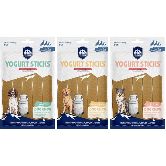 Himalayan Pet Supply Yogurt Sticks Dog Treats: Peanut Butter, Plain, & Bacon (3 Bags Total, 4.8 oz each)