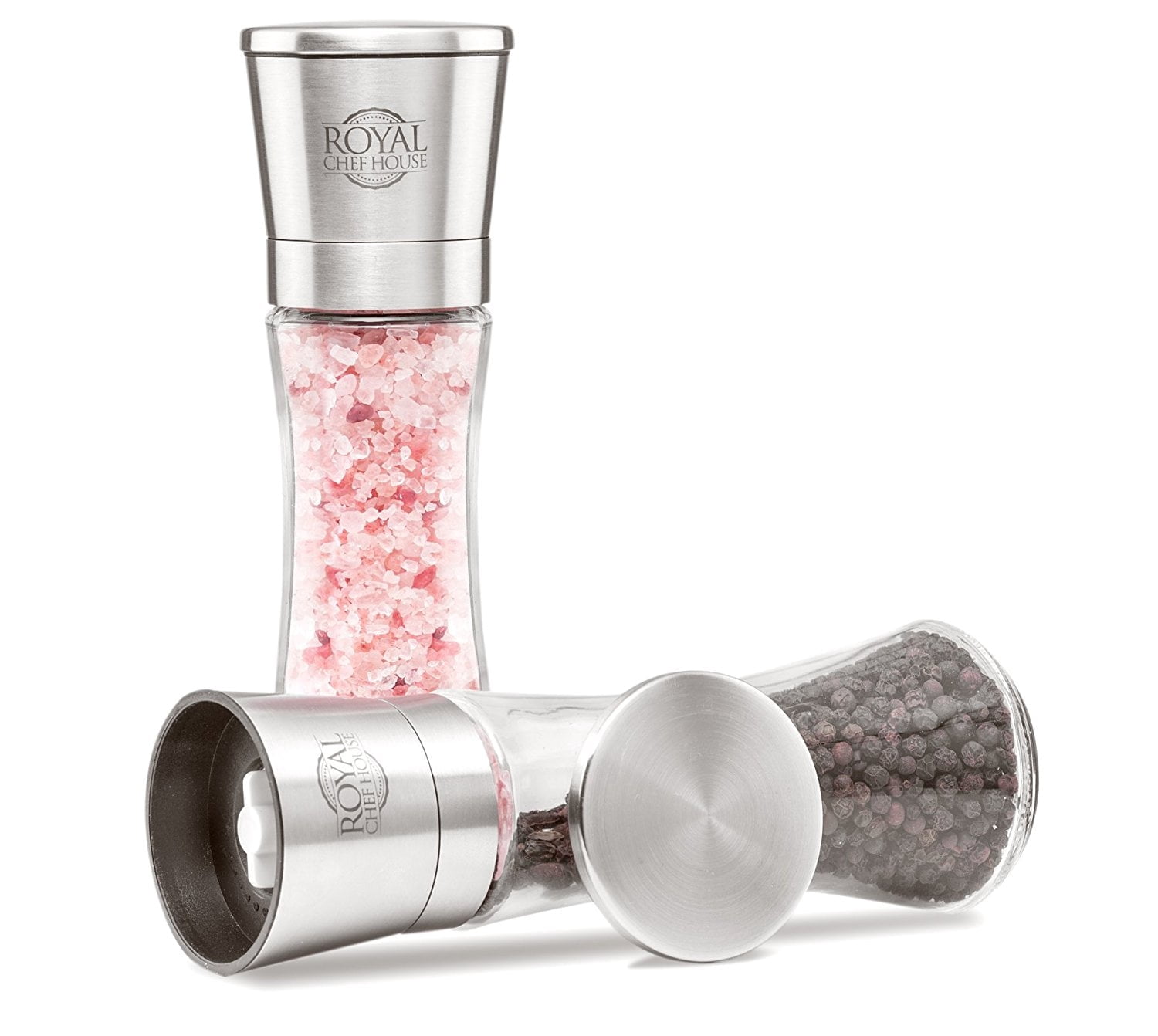 Himalayan Pink Salt & Black Pepper Grinders by Royal Chef House - Pre-filled with Himalayan Rock Salt and Pepper - Premium Glass and Stainless Steel Salt Mill and Pepper Mill
