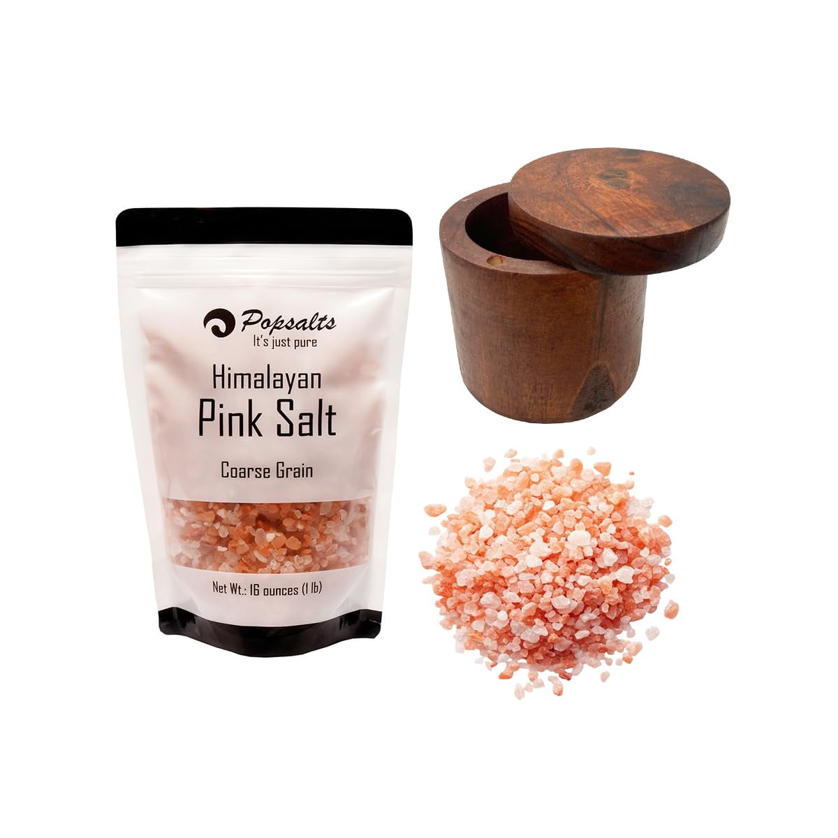 Himalayan Pink Salt (Coarse) in a Convenient 1-Pound Pouch + Acacia Wood Salt Cellar
