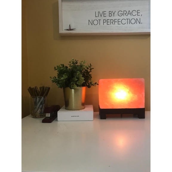 Himalayan Pink Salt Lamp 6.5 x 7.5 x 4 Inches Natural Rectangular Crystal Rock Salt Lamp with Wooden Base, Dimmer Switch & 2 Bulbs Soothing Amber Night Light for Home & Office