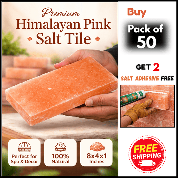 HSB Himalayan Pink Salt Tiles 8" x 4" x 1" Pack of 50 with 2 Salt Adhesive