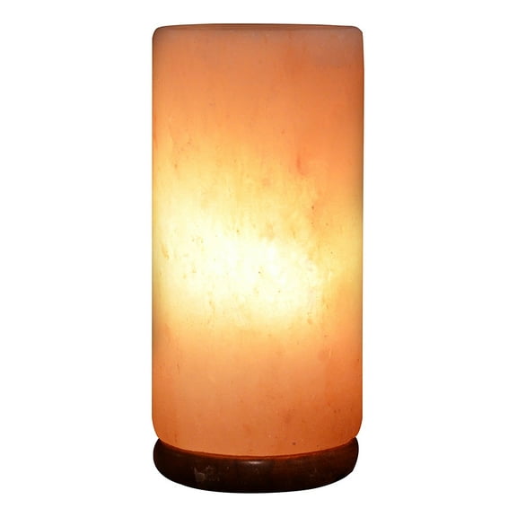 Himalayan Rock Salt Cylinder Lamp, 9" Tall  Soft Calm Therapeutic Light  Smoothly Carved Handcrafted Cylindrical Design  Finished Wood Base  Tibetan Evaporated Rock Lamps  Dark Orange Hue