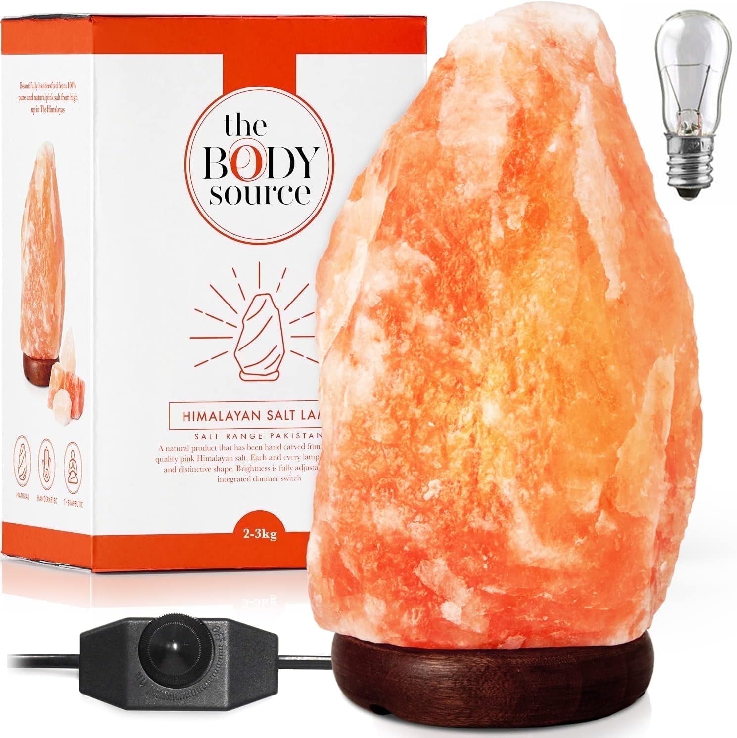 Himalayan Salt Lamp 8-10? (7-11 lb) with Dimmer Switch - All Natural and Handcrafted with Wooden Base and an Extra Bulb