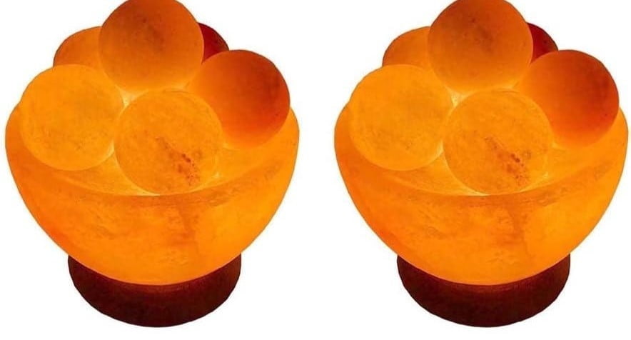 Himalayan Salt Lamp Bowl With Natural Crystal Chunks – Wooden Base, Dimmer Cord, Amber Glow, Authentic From Pakistan
