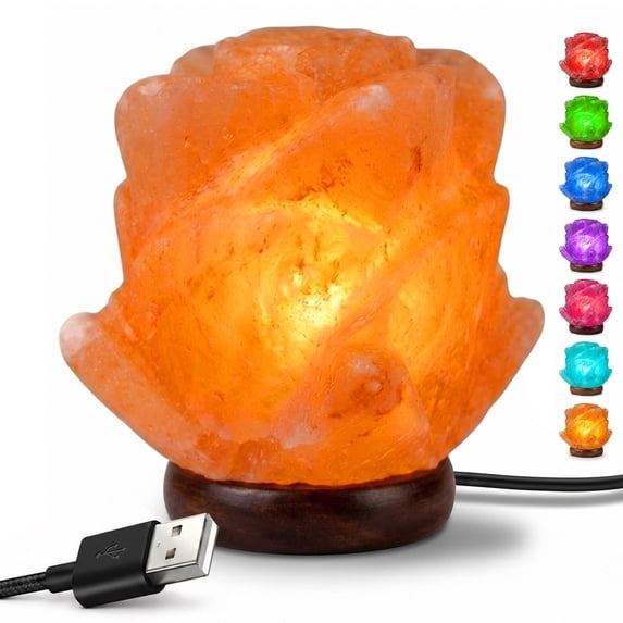 Himalayan Salt Lamp with Wood Base, Rose Night Light, Natural Crystal Decorative Mood Lighting, Aesthetic Home Decor for Bedroom & Office Desk