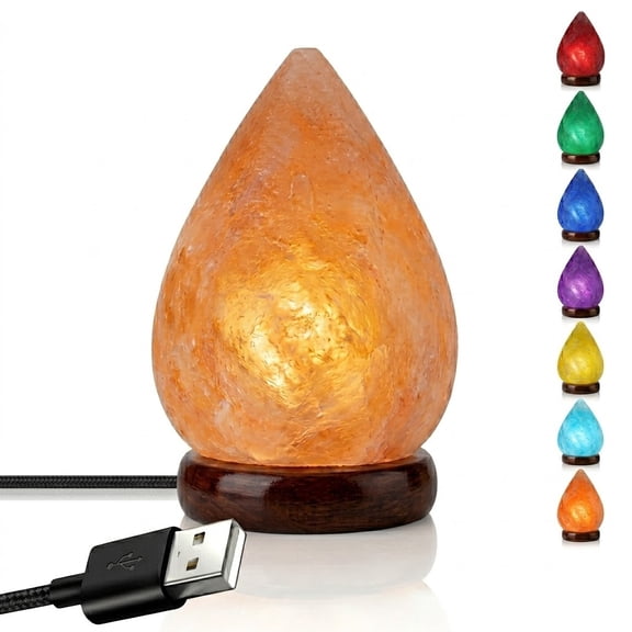 Himalayan Salt Lamp with Wooden Base, Small Night Light LED Salt Lamp Bulbs, Natural Teardrop Multi-Color USB Decor for Bedroom Office