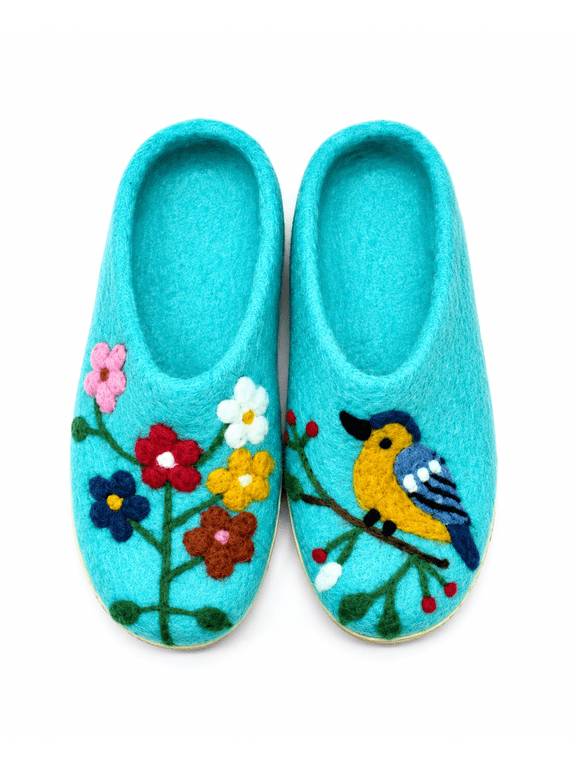 Himalayan Slippers 100% Sheep Wool Handmade Cozy House Slippers, Turquoise with Floral and Bird Embroidery, Size 40