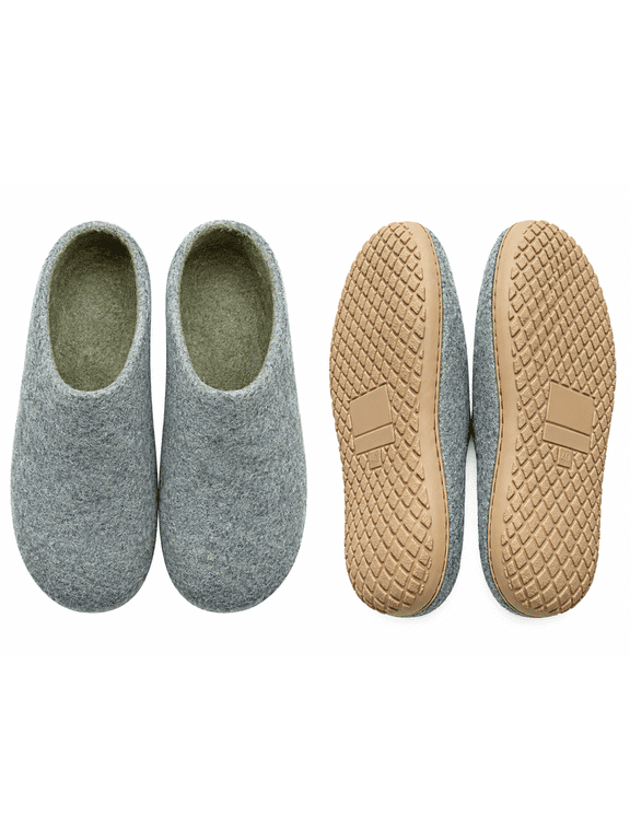 Himalayan Wool Felt Slippers, Non-Slip Rubber Sole, Gray