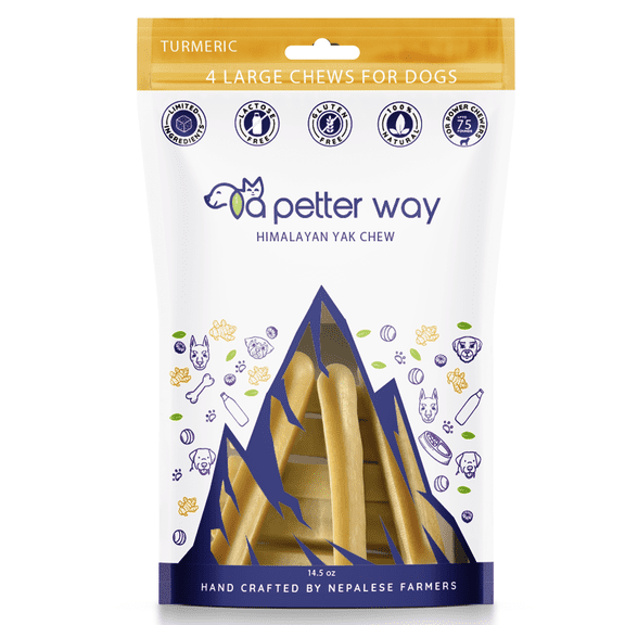 Himalayan Yak Turmeric Dog Chews by a petter way (Large 4 Pack) | All Natural Dog Treats  | Rawhide Alternative | Long Lasting | Dental Health | Odorless | Large & Medium Size Dog Breeds