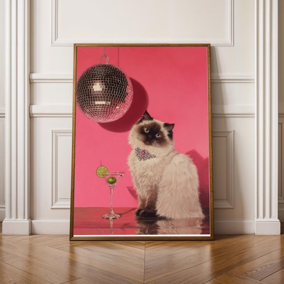 Himalayan cat disco ball poster featuring pink white pop art animal aesthetic Wall Art Decor 8x12 UNFRAMED