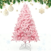 Himaly 7ft Hinged Artificial Christmas Tree, Snow Flocked Xmas Tree for Home, Office, Party Decoration with Metal Stand, Pink