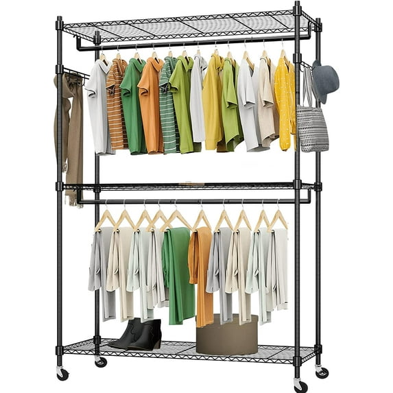 Himimi 3 Tier Garment Rack with Wheels, Portable Wire Shelving Closets for Hanging Clothes Heavy Duty, Closet Racks with Double Hanger Rods & 4 Side Hooks, Black