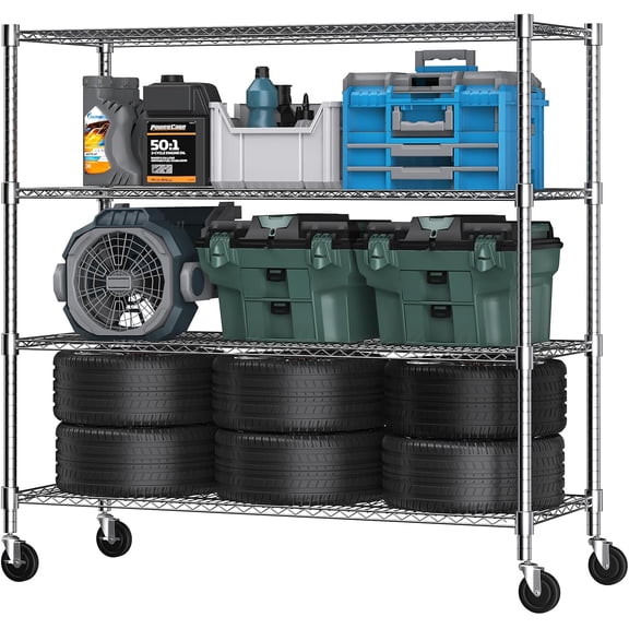 Himimi 72" H Storage Shelves 4 Tier Metal Shelving Adjustable Wire Shelf with Wheels, Heavy Duty Shelving for Garage Kitchen Pantry Bathroom Laundry,18" D*48" W*72" H, Silver