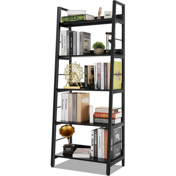 Himimi Black Ladder Bookshelf, 5 Shelf Bookcase  Bookshelf Wood and Metal Bookshelves, Plant Flower Stand Rack Book Storage Shelves for Living Room, Bedroom, Home Office