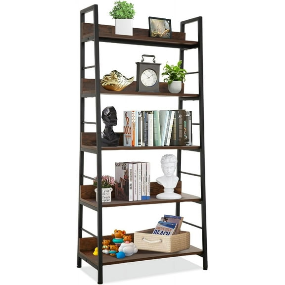 Himimi Industrial Bookshelf,Ladder Shelf 5 Tier Large Bookcases Floor Freestanding Storage Rack Leaning Book Shelves,Plants Flower Stands with Metal Frame for Living Room, Home Office, Rustic Brown