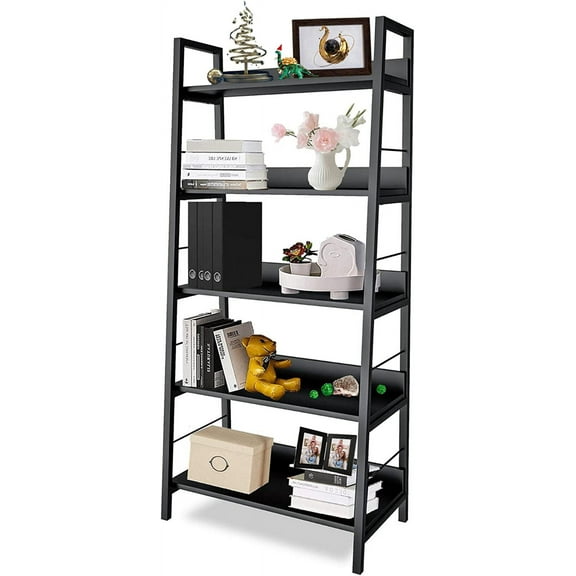 Himimi Ladder Bookshelf Black,Tall Bookcase and Book Shelf 5 Tier Shelves, Modern Wood Display Shelf Book Case with Metal Frame,Storage Rack Home Office Furniture for Living Room,Bedroom