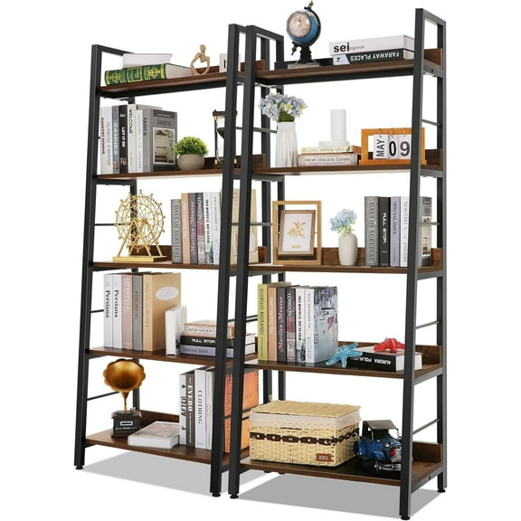 Himimi Ladder Shelf Set of 2, 5-Tier Ladder Bookcase, Bookshelf Wood and Metal Bookshelves, Plant Flower Stand Rack Book Storage Shelves for Living Room, Bedroom, Home Office, Rustic Brown