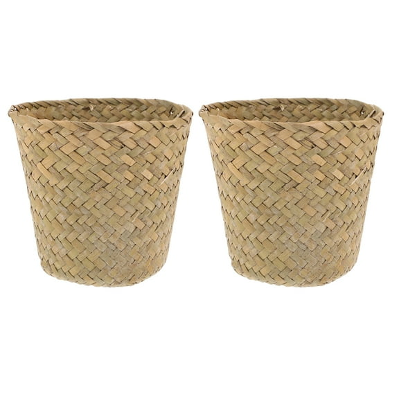 Himition 2pcs Woven Storage Basket Compact Trash Can Mini Woven Waste Basket For Bedroom Bathroom And Office Space-Saving Straw Woven Basket