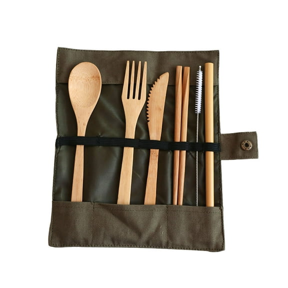 Himition 6PCS Bamboo Tableware Set Portable Outdoor Flatware Eco-friendly Travel Cutlery Food Serving Kit (Dark Green)