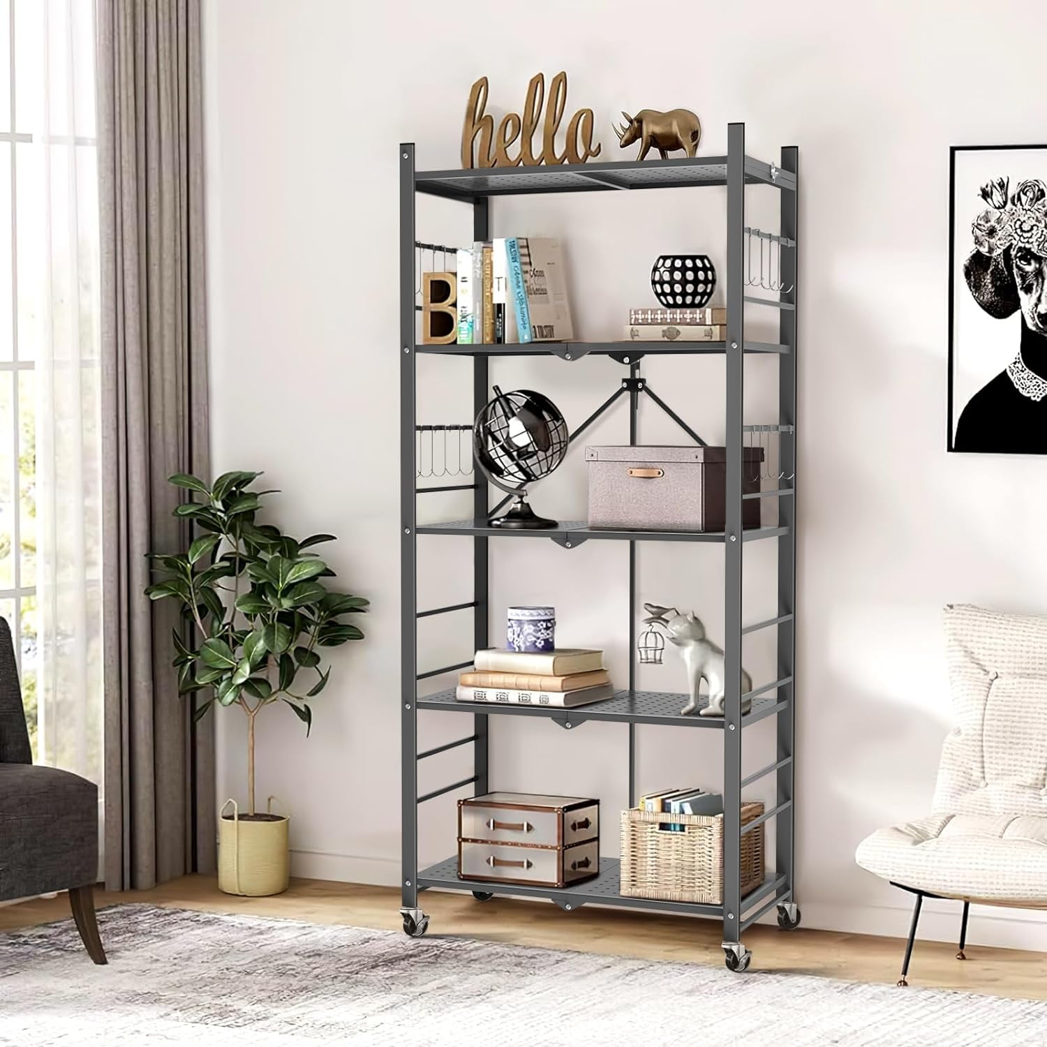 Himix Storage Shelves with 20 Hooks, 5Tier Foldable Shelves for