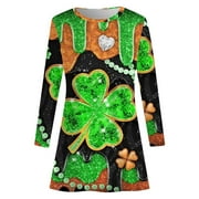 Himmake Ladies Fashion And Comfortable St. Patrick's Festival Green Theme Featuring Printed Round Neck Long Sleeve Casual Dress 1 Boden Dress Women Ladies Dresses Casual