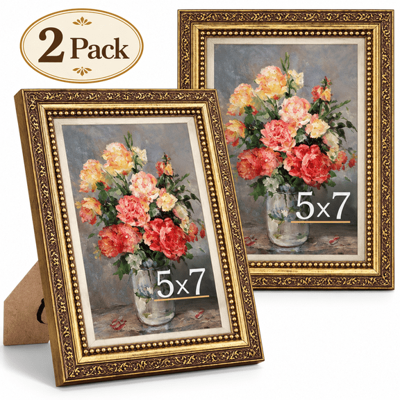 Himonut Picture Frames 5x7, 2 Pack Antique Gold Vintage Picture Frames with Glass, Wall & Tabletop