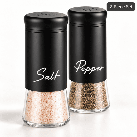 Himonut Salt & Pepper Shakers Set, 2 Pack 5 oz Refillable Glass Shakers for Farmhouse Kitchen Table, Black