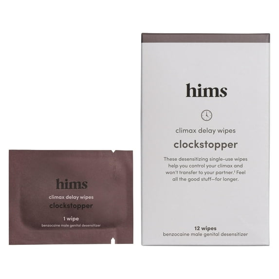 HIMS Clockstopper Climax Delay Wipes with benzocaine to Reduce Sensitivity for Premature Ejaculation and Lasting Longer in Bed 12 Pack Individually Wrapped Wipes
