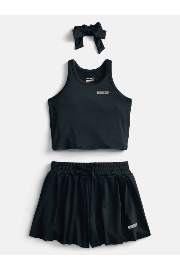 Girls Athletic Racerback Tank Top, Shorts and Hair Bow, 3-Piece Outfit Set, Sizes 4-16