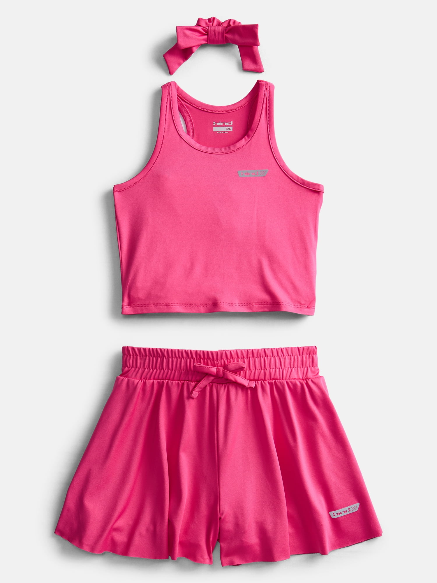 Hind Girls Athletic Racerback Tank Top, Shorts and Hair Bow, 3-Piece Outfit Set, Sizes 4-16