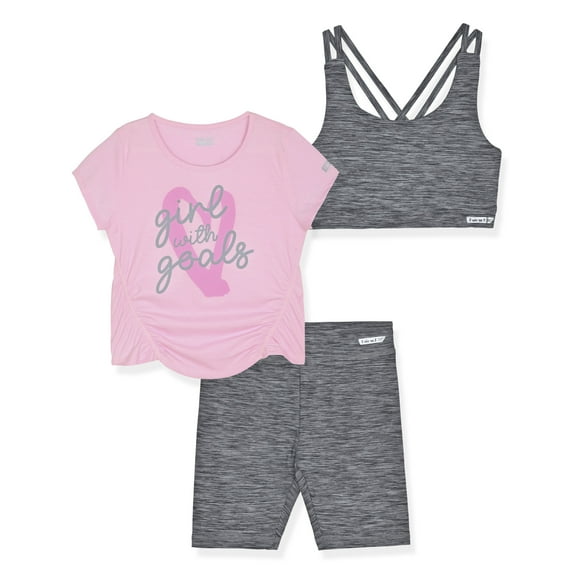 Hind Girls Athletic Sports Bra, T-Shirt, and Bike Short Outfit Set, Sizes 4-16
