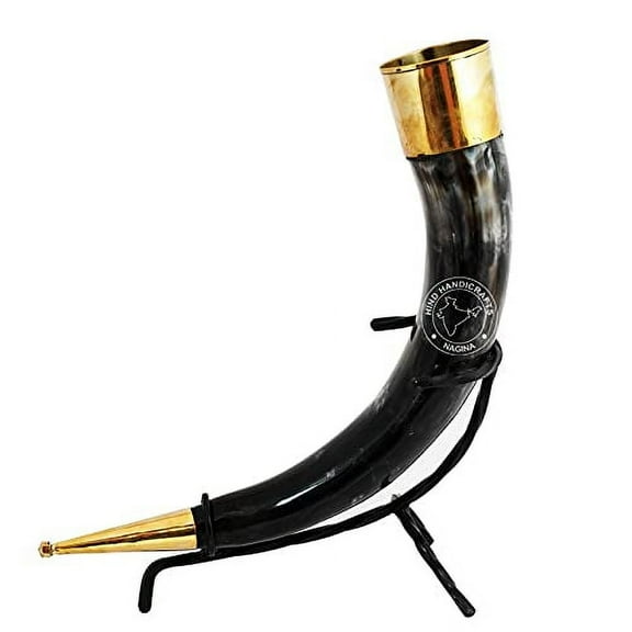 Hind Handicrafts 100% Authentic Beer Horn Tankard with Hardwood Bottom and Ring Engravings