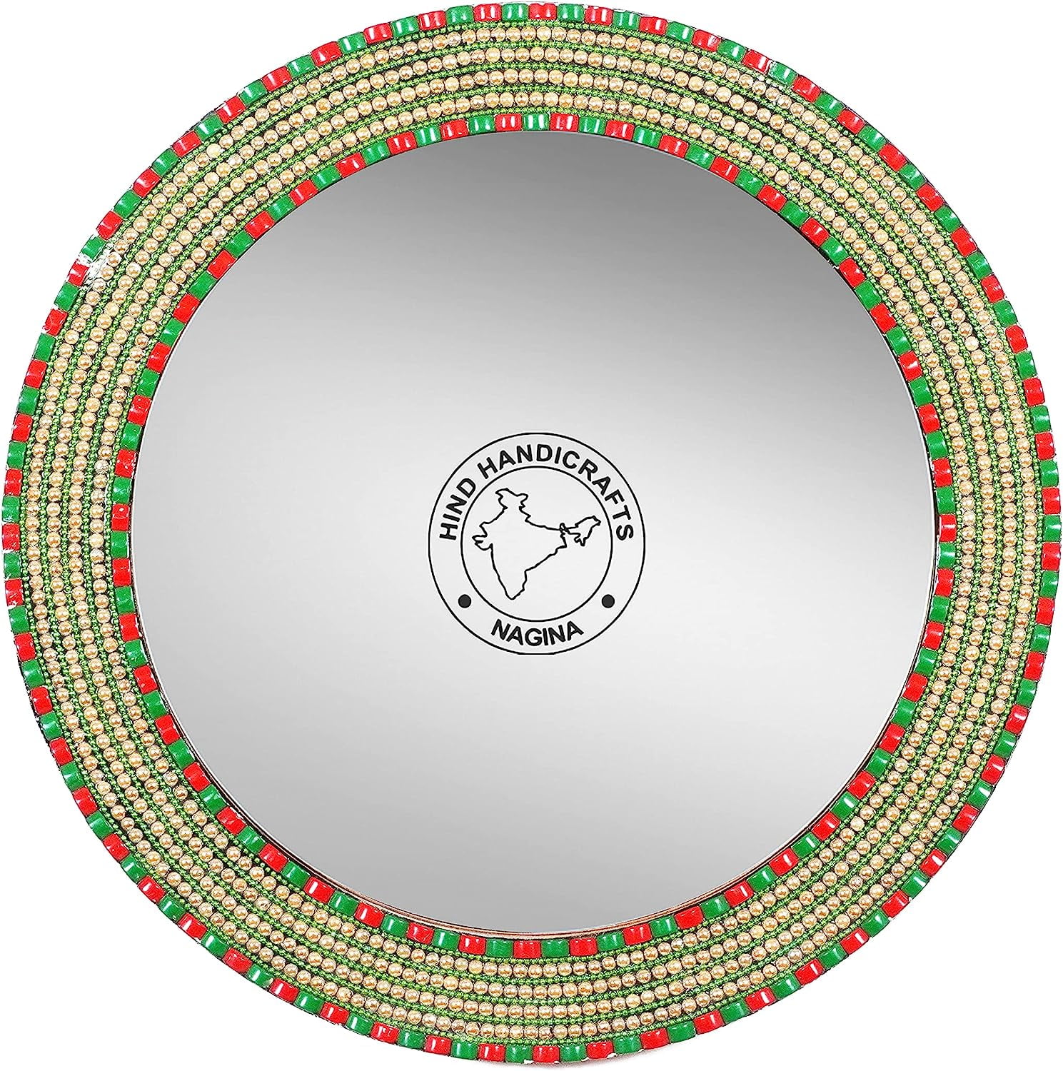 Hind Handicrafts 16" Bead Craft Round Wall Mirror - Rustic Accent Mirror For Bathroom, Entry, Dining Room, Living Room & Hallway (16" x 16", Design-3)