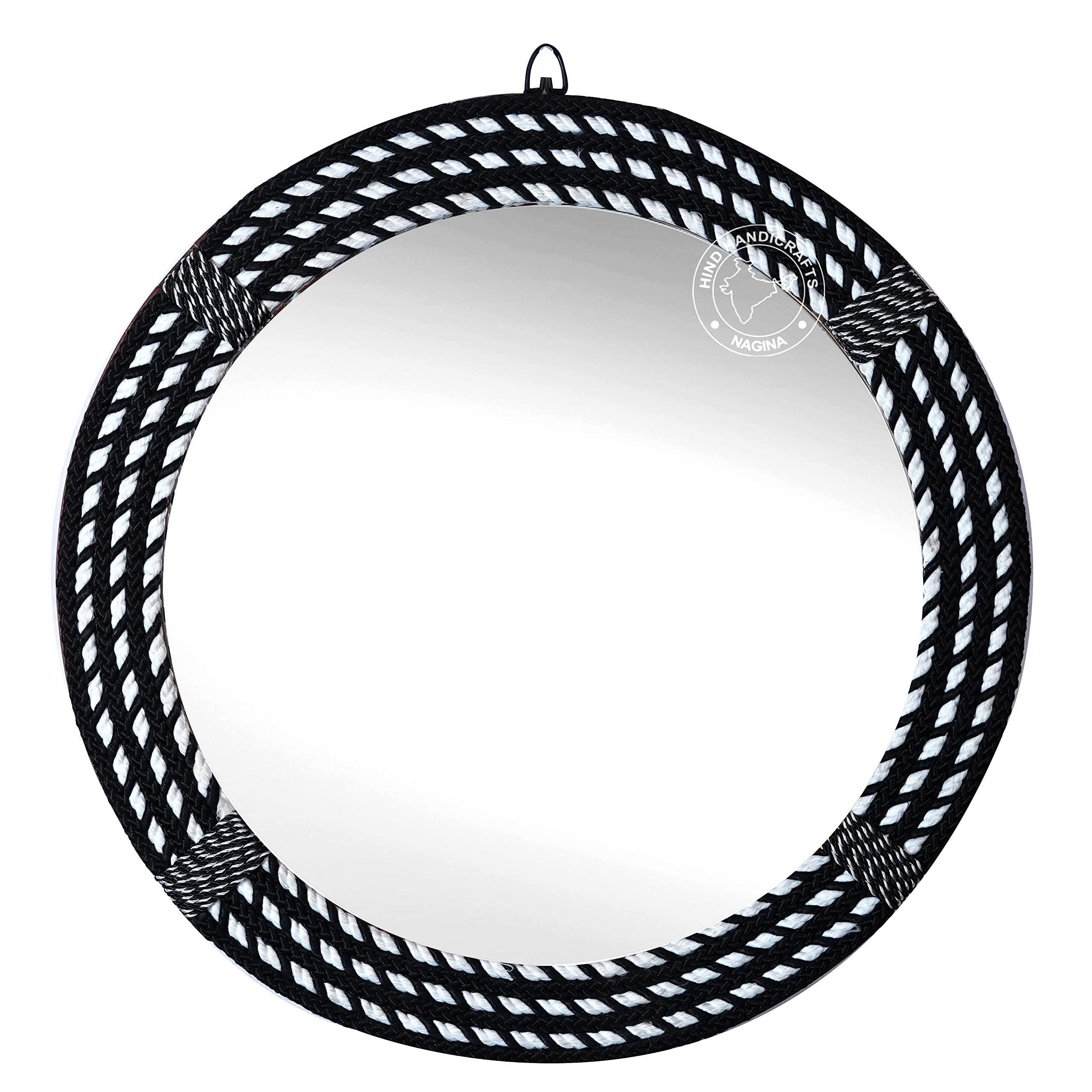 Hind Handicrafts 20" Round Wrapped Black White Rope Wall Mirror