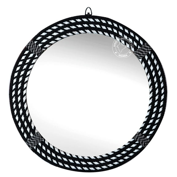Hind Handicrafts 20" Round Wrapped Black White Rope Wall Mirror - Maritime Accentuated - Rustic Accent Mirror for Bathroom, Entry, Dining Room, & Living Room