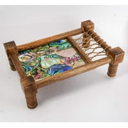 Hind Handicrafts Handmade Decorative Wooden Asian Cot Tray for Snacks & Drinks - Traditional Indian Cot Decor Accent - Jute Thread Weaving   Multifunctional Tray - 16" x 10" x 4" Antique 2