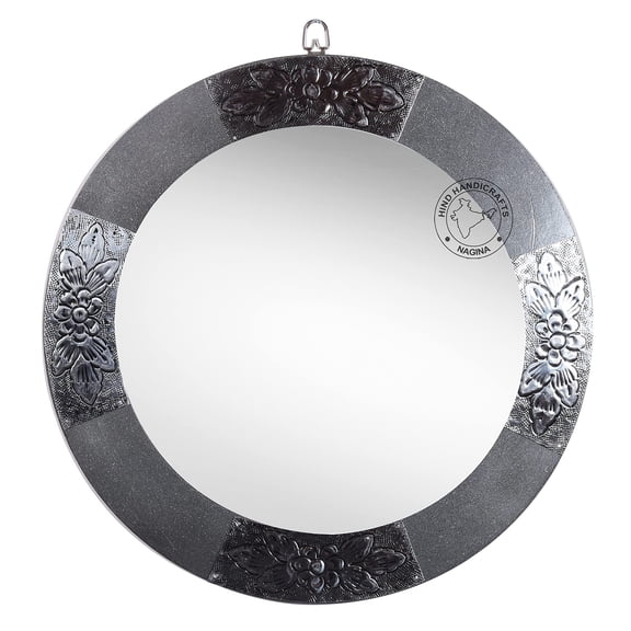 Hind Handicrafts Round Metal Inlay Handcrafted Wall Mirror - Maritime Accentuated - Rustic Accent Mirror For Bathroom, Entry, Dining Room, & Living Room (16" x 16", Antique) (16" x 16", Silver)