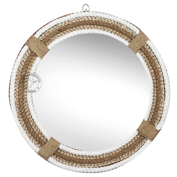 Hind Handicrafts Round Wrapped Rope Wall Mirror - Maritime Accentuated - Rustic Accent Mirror For Bathroom, Entry, Dining Room, & Living Room (18" x 18", Rope - 5)