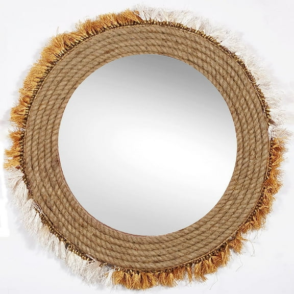 Hind Handicrafts Round Wrapped Rope Wall Mirror - Maritime Accentuated - Rustic Accent Mirror For Bathroom, Entry, Dining Room, & Living Room (18" x 18", Rope - 11)