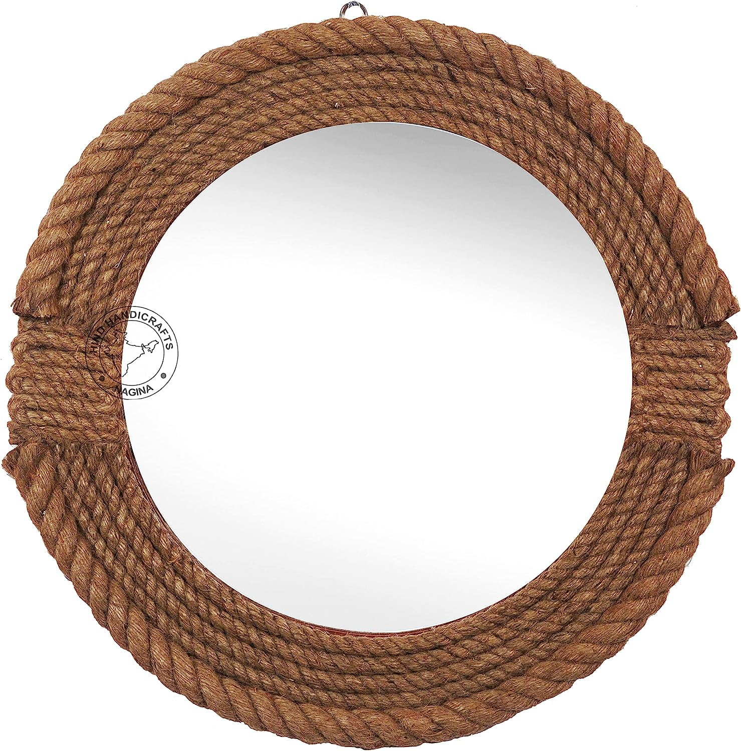 Hind Handicrafts Round Wrapped Rope Wall Mirror - Maritime Accentuated - Rustic Accent Mirror For Bathroom, Entry, Dining Room, & Living Room (18" x 18", Rope - 4)