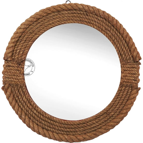 Hind Handicrafts Round Wrapped Rope Wall Mirror - Maritime Accentuated - Rustic Accent Mirror For Bathroom, Entry, Dining Room, & Living Room (18" x 18", Rope - 4)