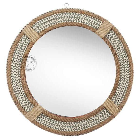 Hind Handicrafts Round Wrapped Rope Wall Mirror - Maritime Accentuated - Rustic Accent Mirror For Bathroom, Entry, Dining Room, & Living Room (18" x 18", Rope - 7)