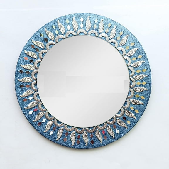 Hind Handicrafts Turquoise Wooden 9.5" Round Wall Mirror - Small Round Mirror, Rustic Accent Mirror For Bathroom, Entry, Dining Room, & Living Room