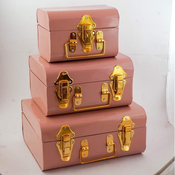 Hind Handicrafts Vintage Style Metal Trunk Jewellery & Trinket Storage Box - Multipurpose Space Saving Organizer Home Dorm & Office Use (Pink, Set of 3)