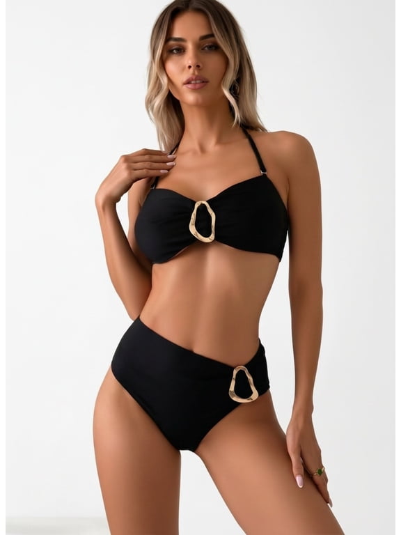 Women's 2-Piece Bikini Swimsuit, Halter Bandeau Top with High-Waisted Bottom and Gold-Tone Accents, Black
